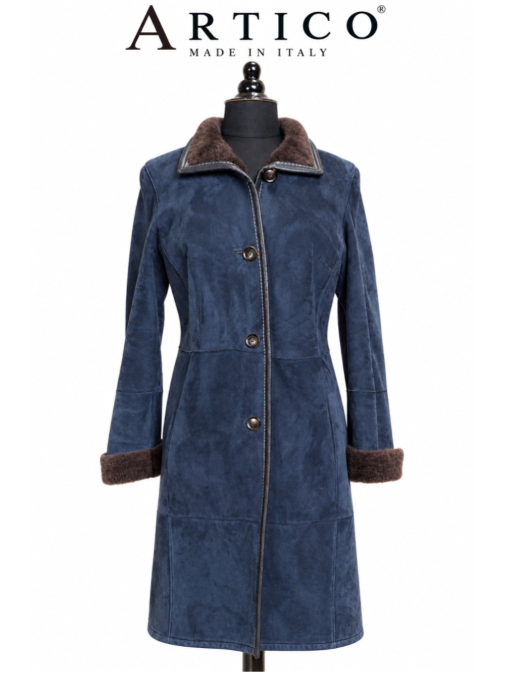ARTICO Italian Shearling Suede Leather Long Coat Blue IT 42